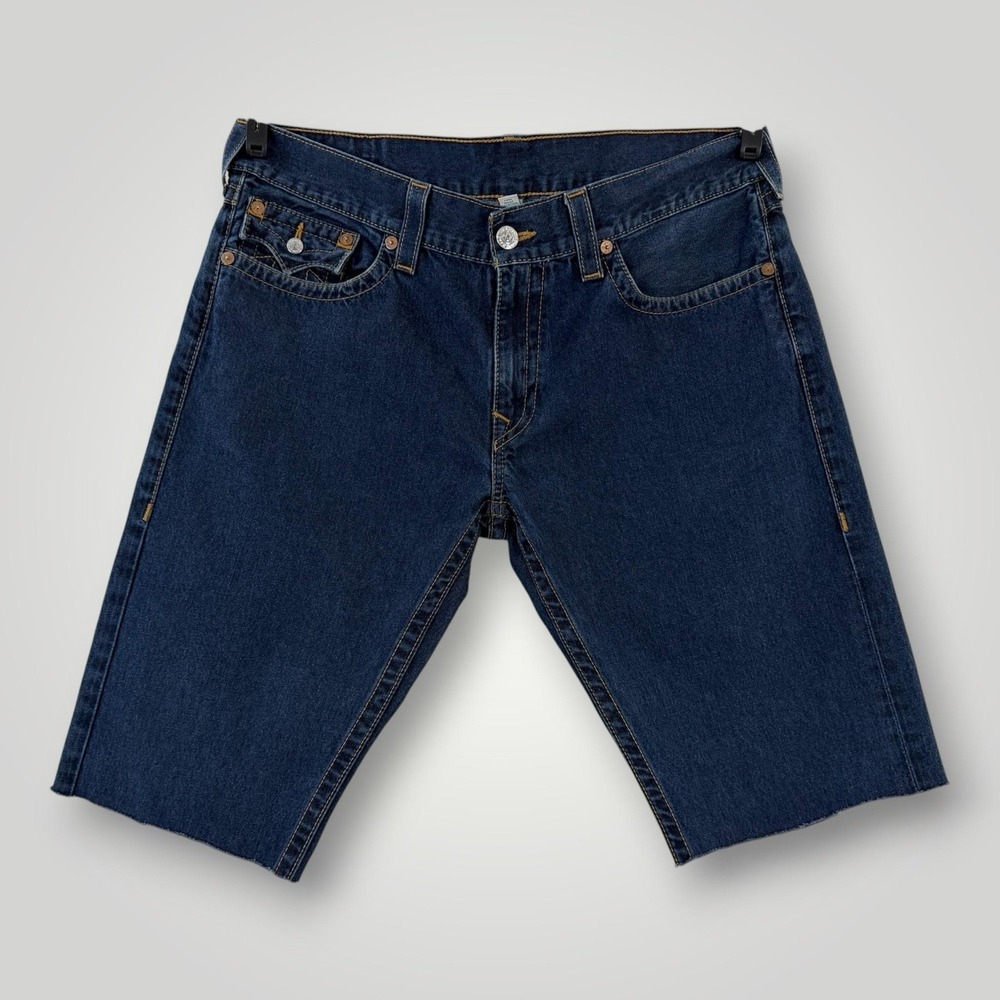 True Religion Denim Shorts Mens 38 Blue Bermuda Distressed Raw Hem Dark Wash